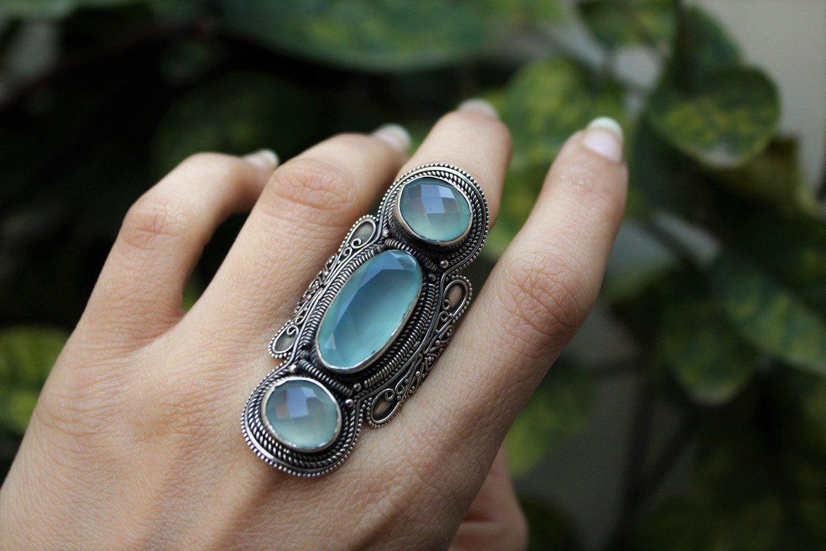 Aqua Chalcedony 925 Sterling Silver Ring, Statement Ring, Boho Ring, Gypsy Ring, AR-1008 - Its Ambra