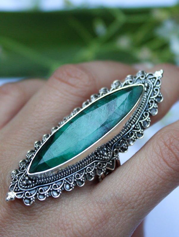 Anillo de plata esterlina con piedra preciosa esmeralda en forma de marquesa, anillo artesanal, AR-1135