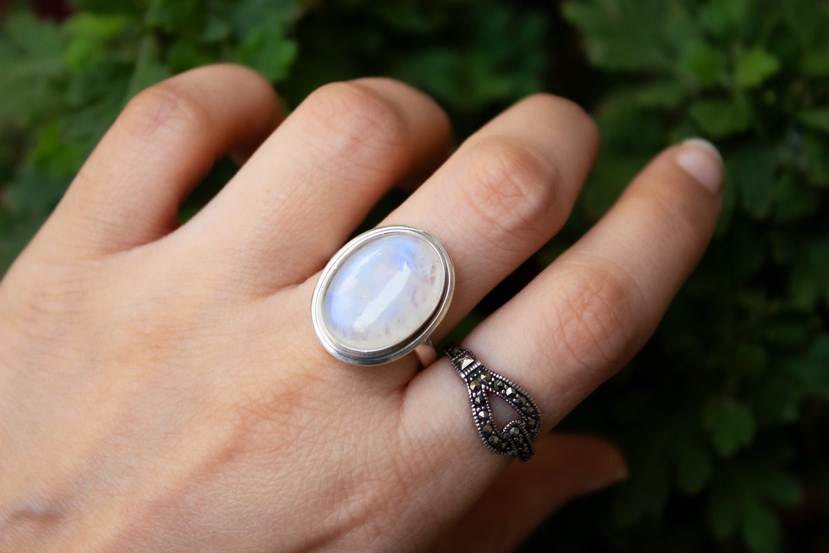 Natural Rainbow Moonstone Ring, Blue Fire Silver Ring SKU 6059