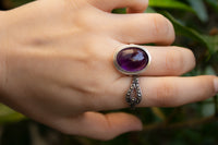 Natural Amethyst Ring, Sterling Silver, Purple Amethyst Cabochon SKU 6056