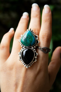 Black Onyx and Chrysocolla Ring, Sterling Silver Ring SKU 6063