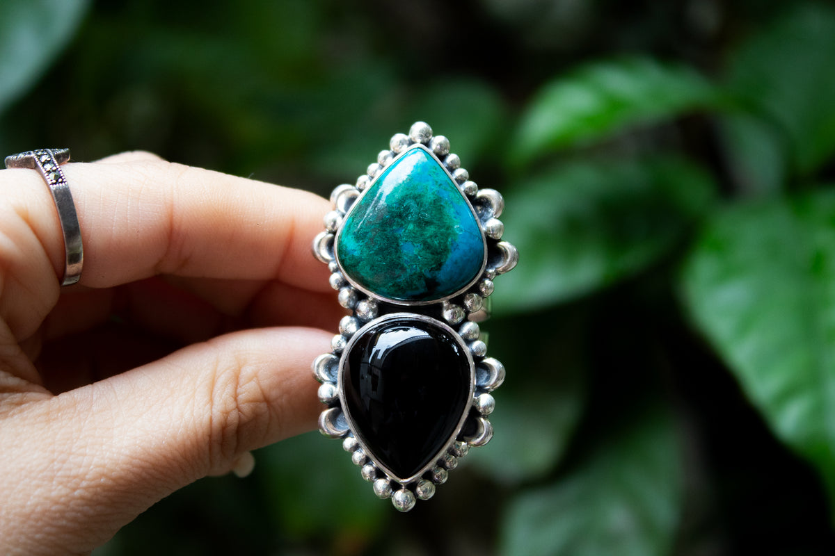 Black Onyx and Chrysocolla Ring, Sterling Silver Ring SKU 6063