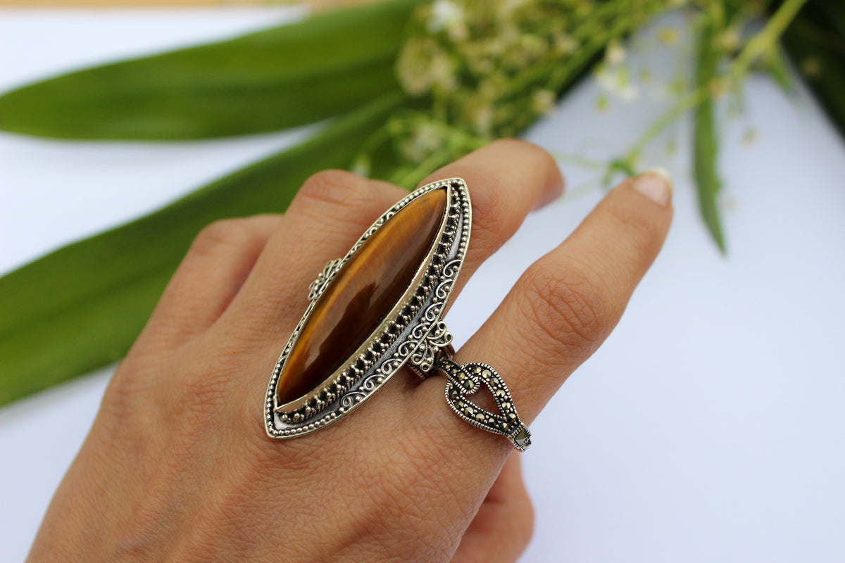 Men Silver Knitted Style Ring Oval Brown Tiger Eye Gemstone Ring » Anitolia