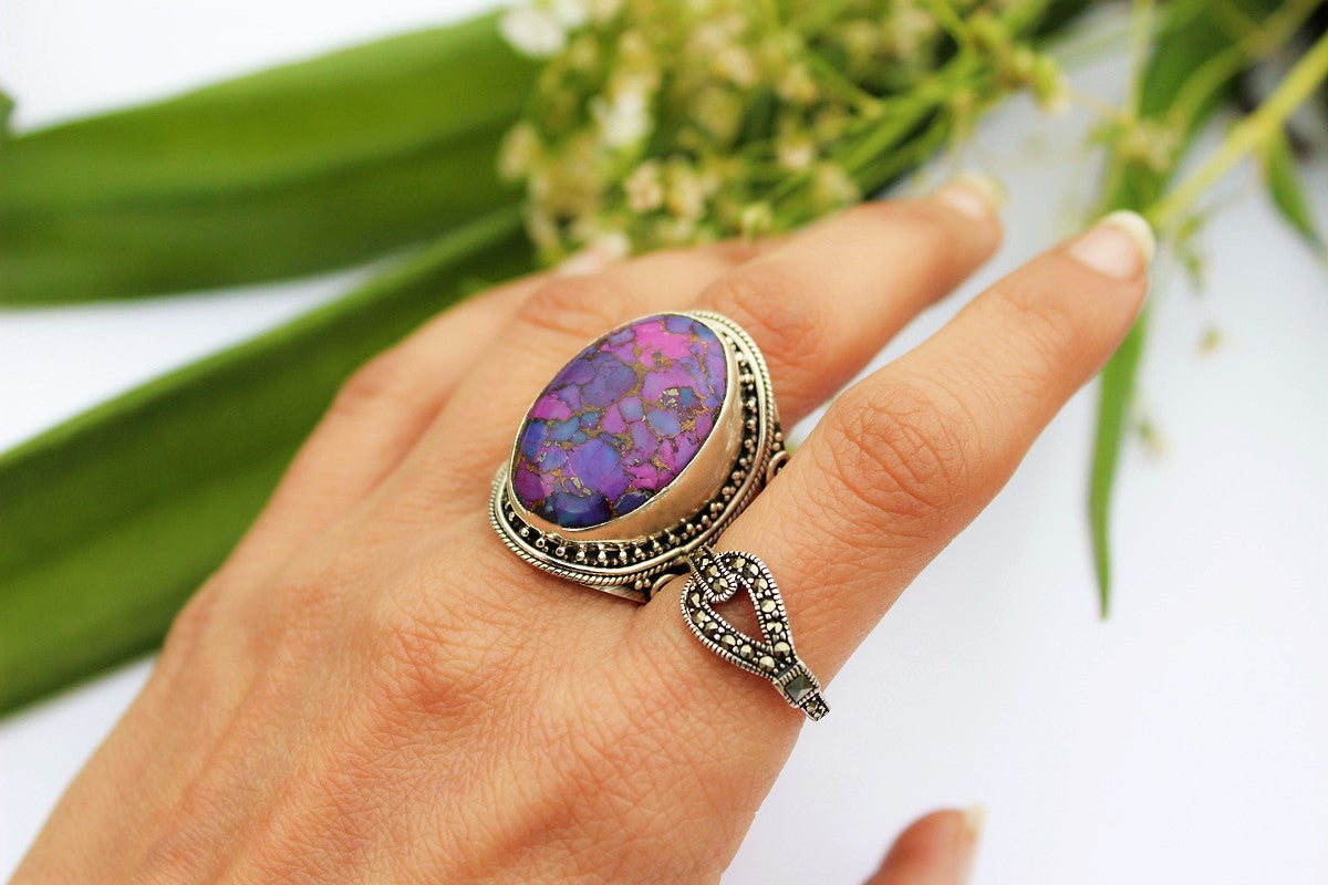 Anillo turquesa, anillo de plata esterlina turquesa cobre púrpura, anillo turquesa Mohave, anillo hecho a mano, joyería turquesa, anillo Boho, anillo bohemio AR-1153