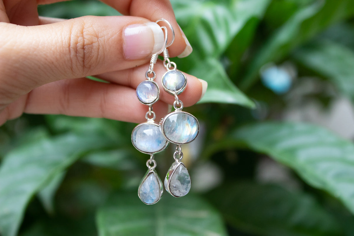 Belle Simple Rainbow Moonstone Earrings in Silver — The Jewel Shop