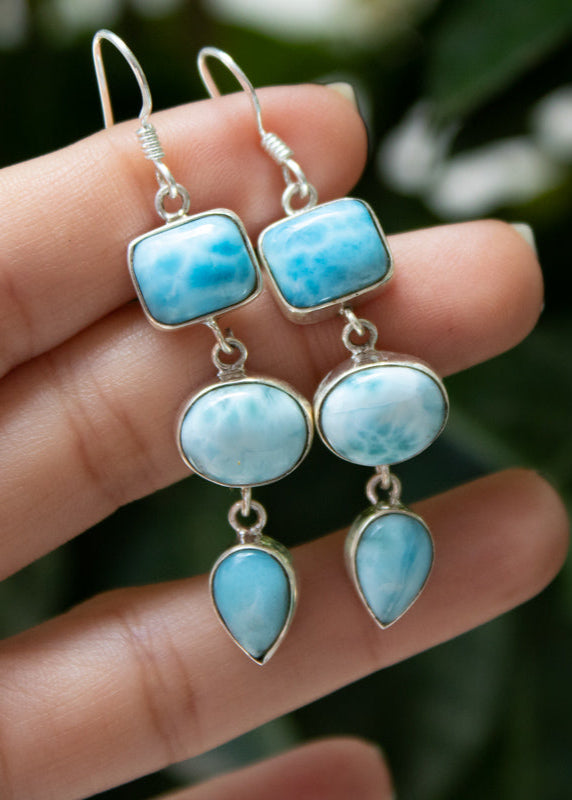 Three Stone Larimar Dangle Earrings AE-1047