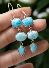 Boucles d'oreilles pendantes en larimar à trois pierres AE-1047