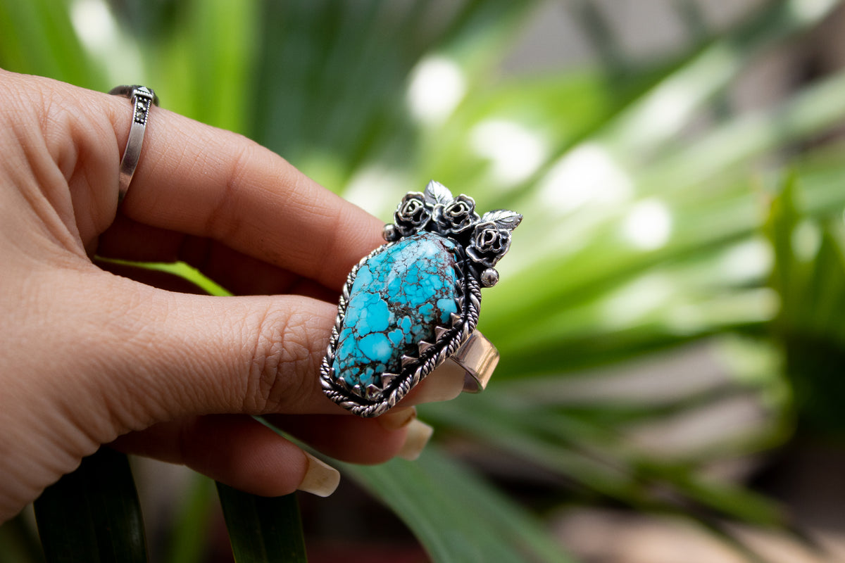 Natural Turquoise Floral Coffin Ring, AR-3081