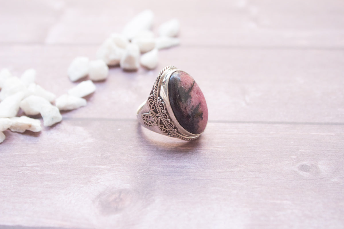 Anillo de rodonita, anillo de plata esterlina de rodonita, anillo de piedra de rodonita natural, joyería de rodonita hecha a mano AR-1238