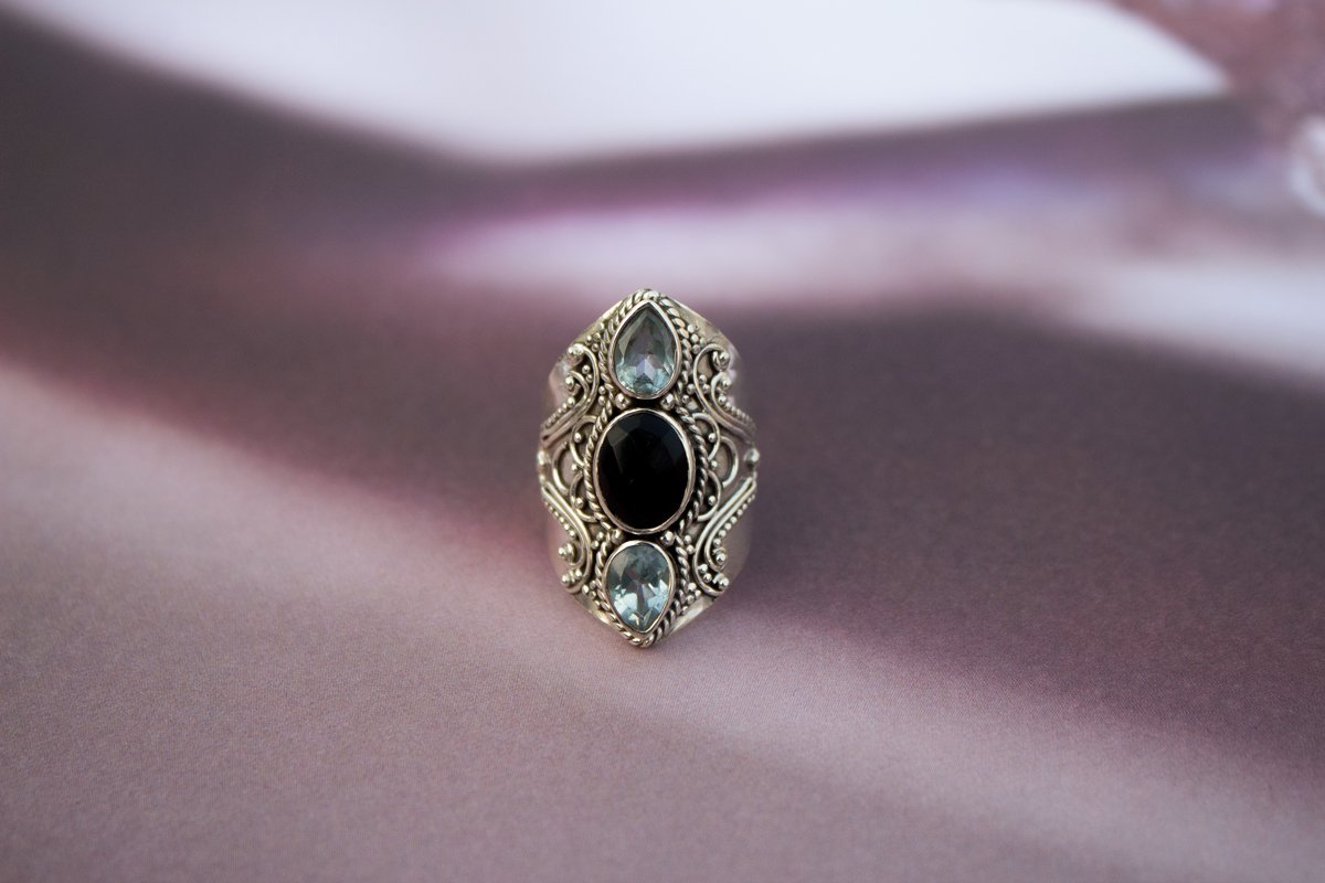 Black Onyx and Blue Topaz Gemstone Ring, AR-1020 - Its Ambra