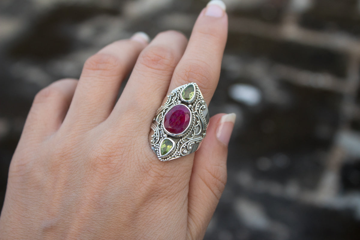 Red Ruby Ring, Ruby & Peridot Gemstone Ring, Solid 925 Sterling Silver Ring, July Birthstone Ring, Statement Ring AR-1229