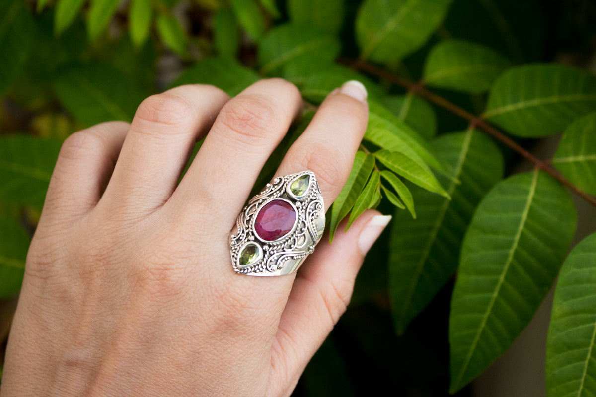 Red Ruby Ring, Ruby & Peridot Gemstone Ring, Solid 925 Sterling Silver Ring, July Birthstone Ring, Statement Ring AR-1229