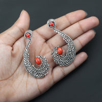 925 Sterling Silver Red Coral and Diamond Earrings AE-1223 - Its Ambra