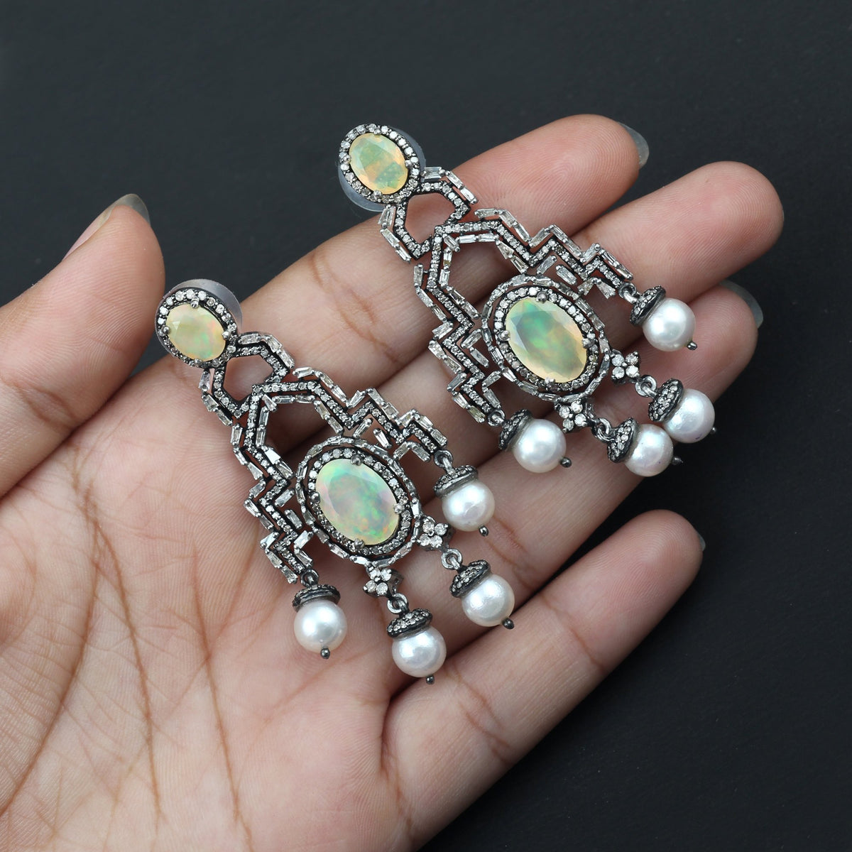 Ethiopian Opal, Fresh Water Pearl & Diamond Earrings AE-1236 - Its Ambra