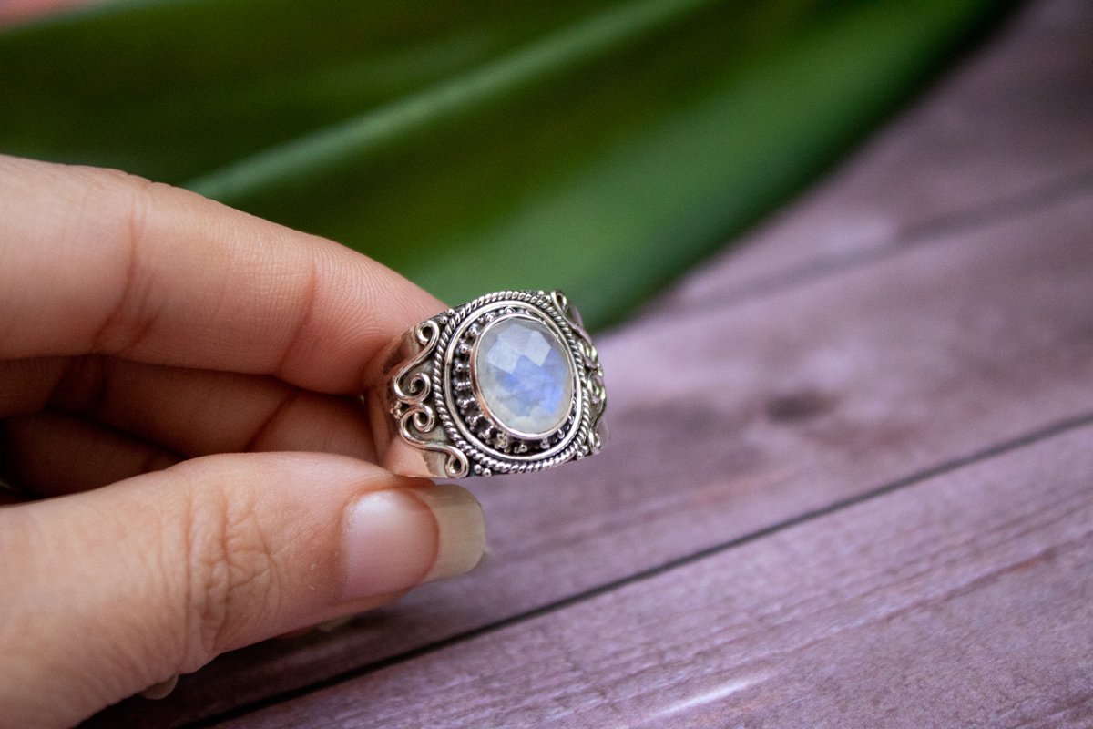 Wide Band Moonstone Ring Sterling Silver, Boho Ring AR-1253 - Its Ambra