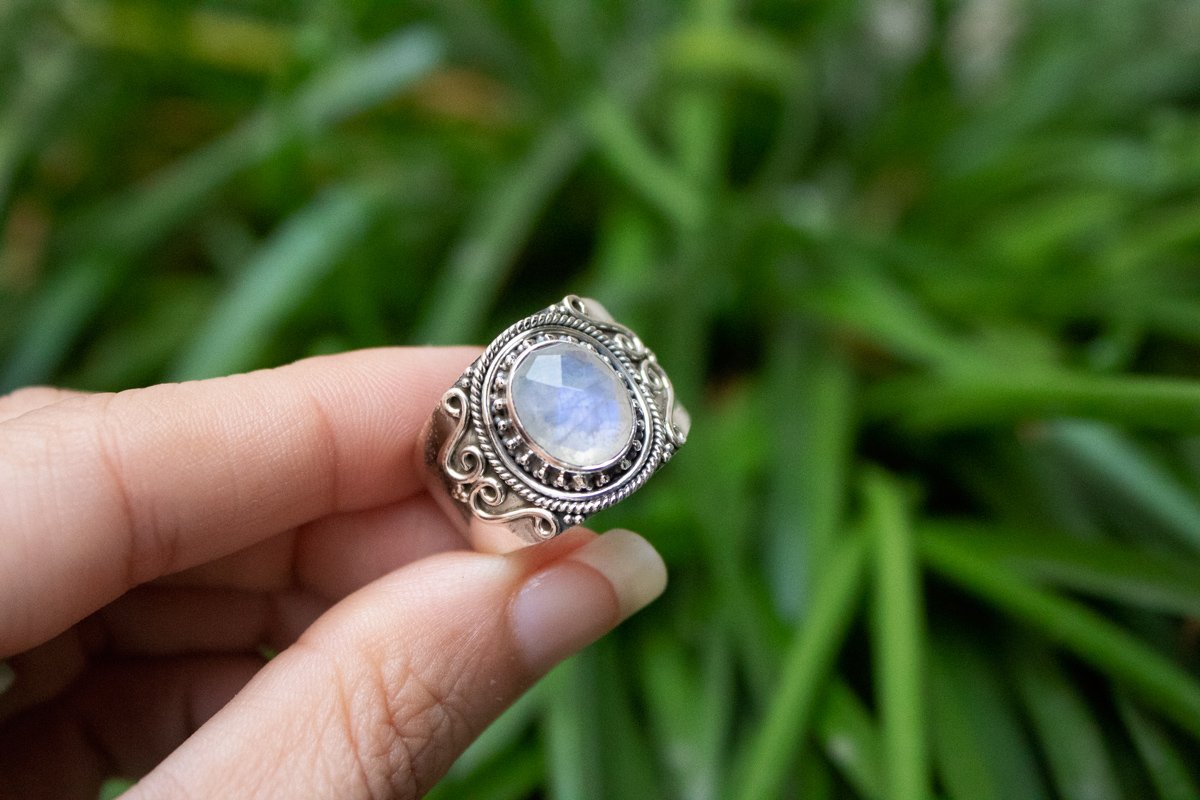 Wide Band Moonstone Ring Sterling Silver, Boho Ring AR-1253 - Its Ambra
