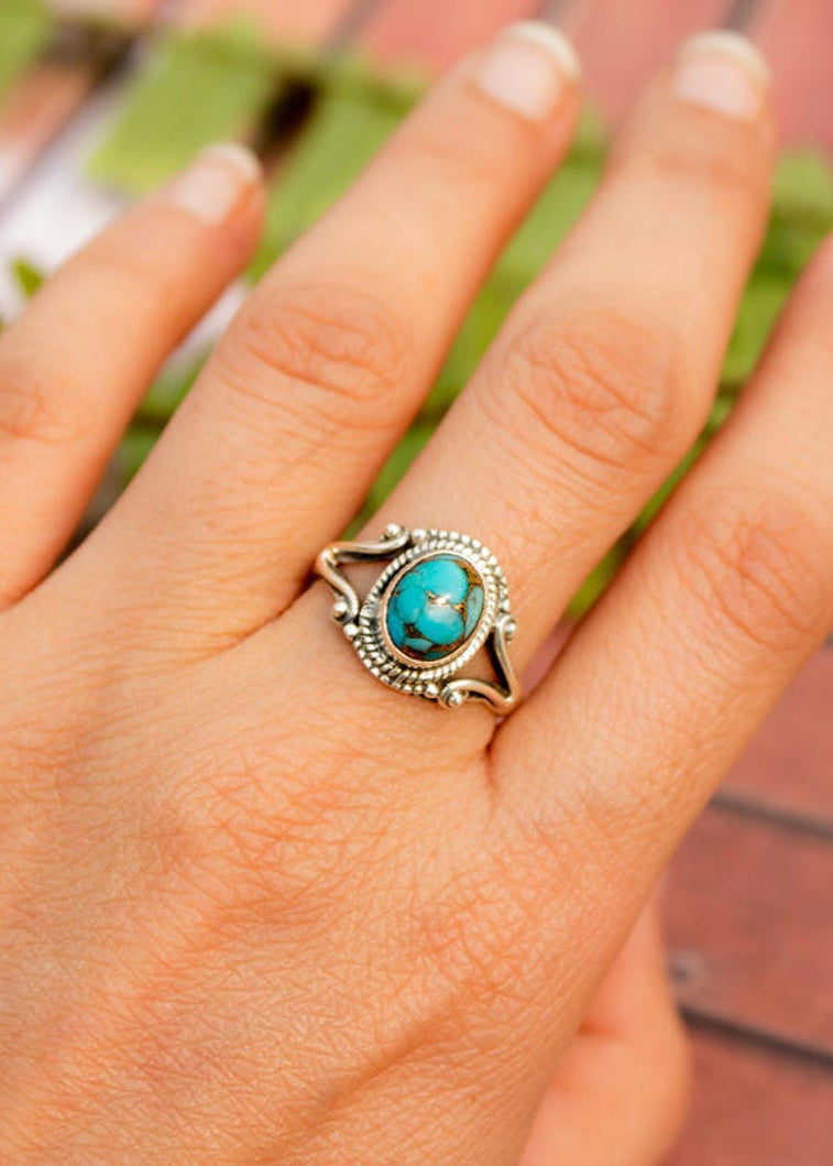 Anillo de Plata Esterlina Azul Cobre Turquesa, Boho, SKU 6182