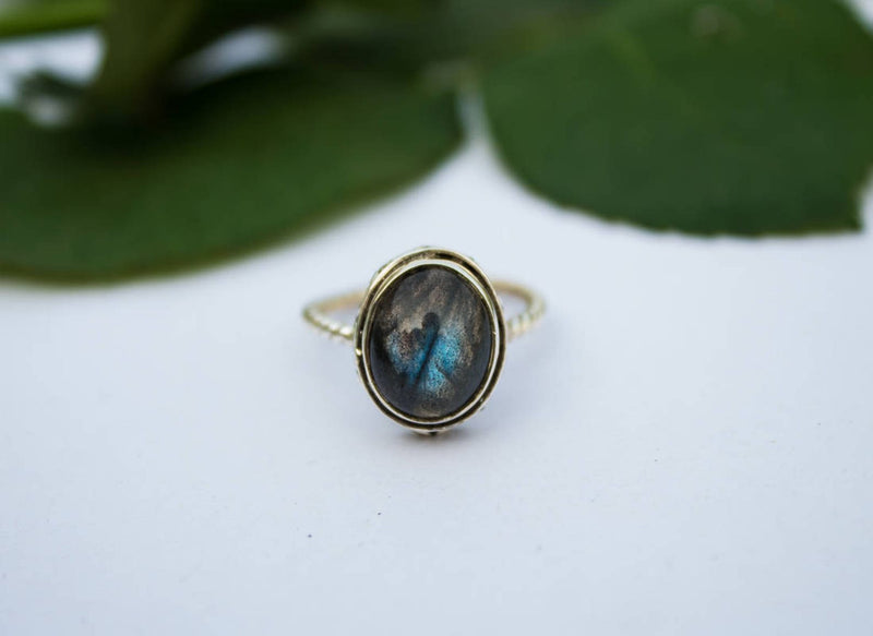 Anillo de plata esterlina con labradorita flash azul natural, anillo de banda retorcida, SKU 6216