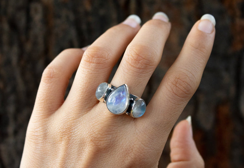 Natural Moonstone Gemstone Ring, Three stone Ring, Boho Ring, Wide Band Ring, SKU 6210