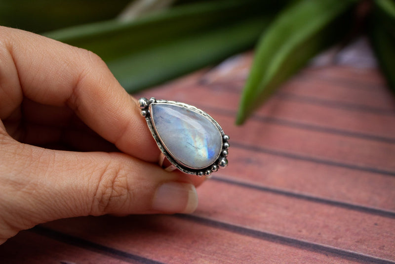 Pear Shape Rainbow Moonstone Ring, June Birthstone, SKU 6283