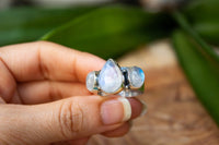 Natural Moonstone Gemstone Ring, Three stone Ring, Boho Ring, Wide Band Ring, SKU 6210