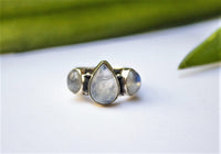 Natural Moonstone Gemstone Ring, Three stone Ring, Boho Ring, Wide Band Ring, SKU 6210