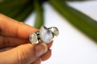 Natural Moonstone Gemstone Ring, Three stone Ring, Boho Ring, Wide Band Ring, SKU 6210