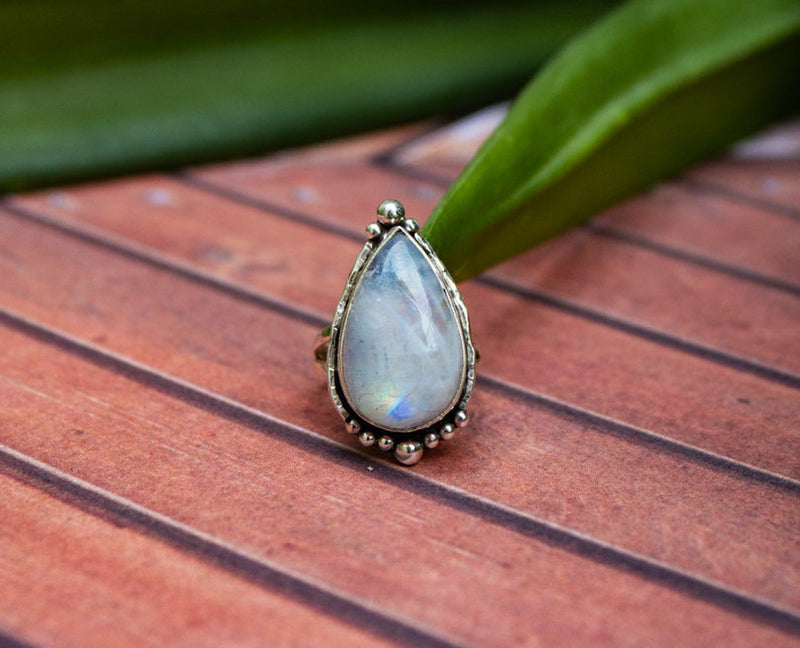 Pear Shape Rainbow Moonstone Ring, June Birthstone, SKU 6283