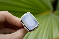 Rainbow Moonstone Ring, 92.5% Sterling Silver, Patterned Band Ring, SKU 6119