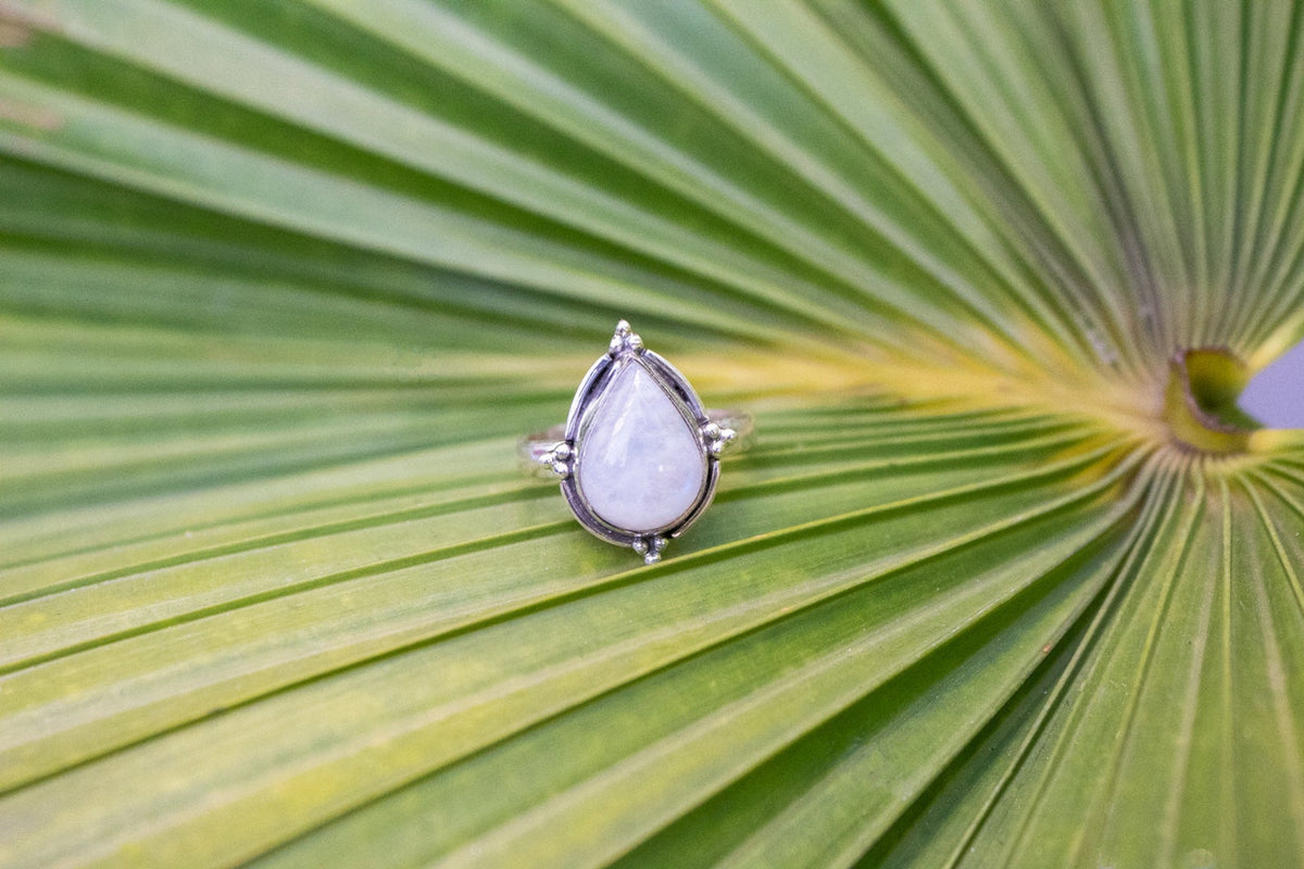 Natural Moonstone Gemstone, Pear Shape Sterling Silver Ring, SKU 6181