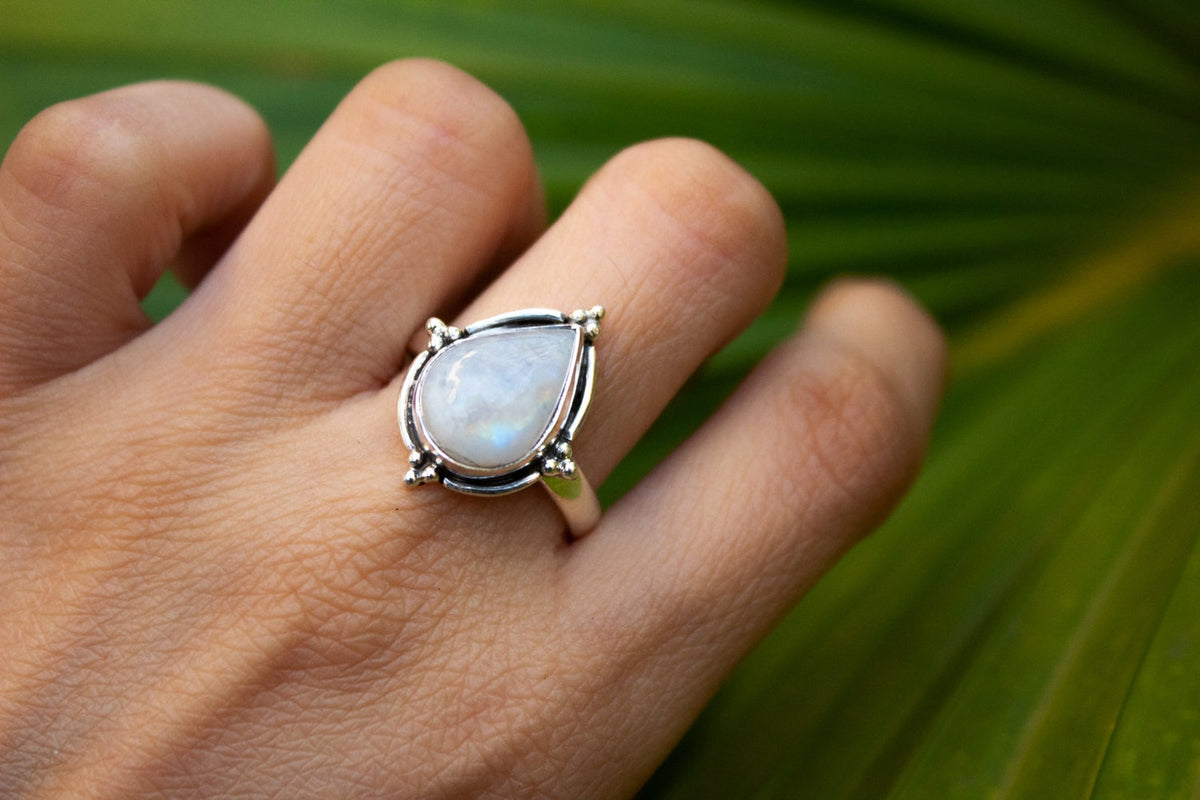 Natural Moonstone Gemstone, Pear Shape Sterling Silver Ring, SKU 6181