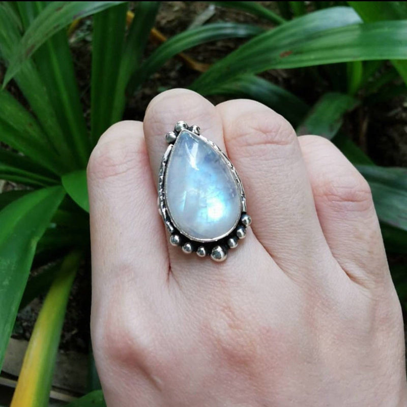 Pear Shape Rainbow Moonstone Ring, June Birthstone, SKU 6283