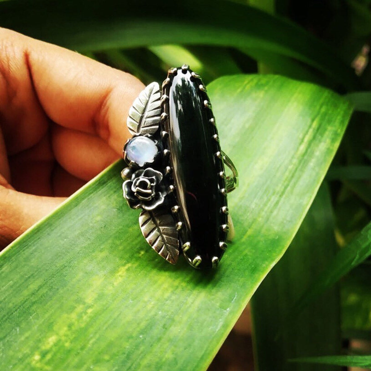 Black Onyx Ring, Sterling Silver Ring, Moonstone Ring, Witchy Ring, Floral Ring, SKU 6245