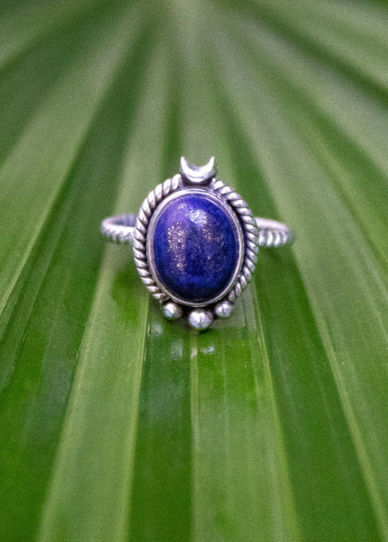 Anillo de lapislázuli, piedra natal de septiembre, anillo de luna creciente, media luna, SKU 6183