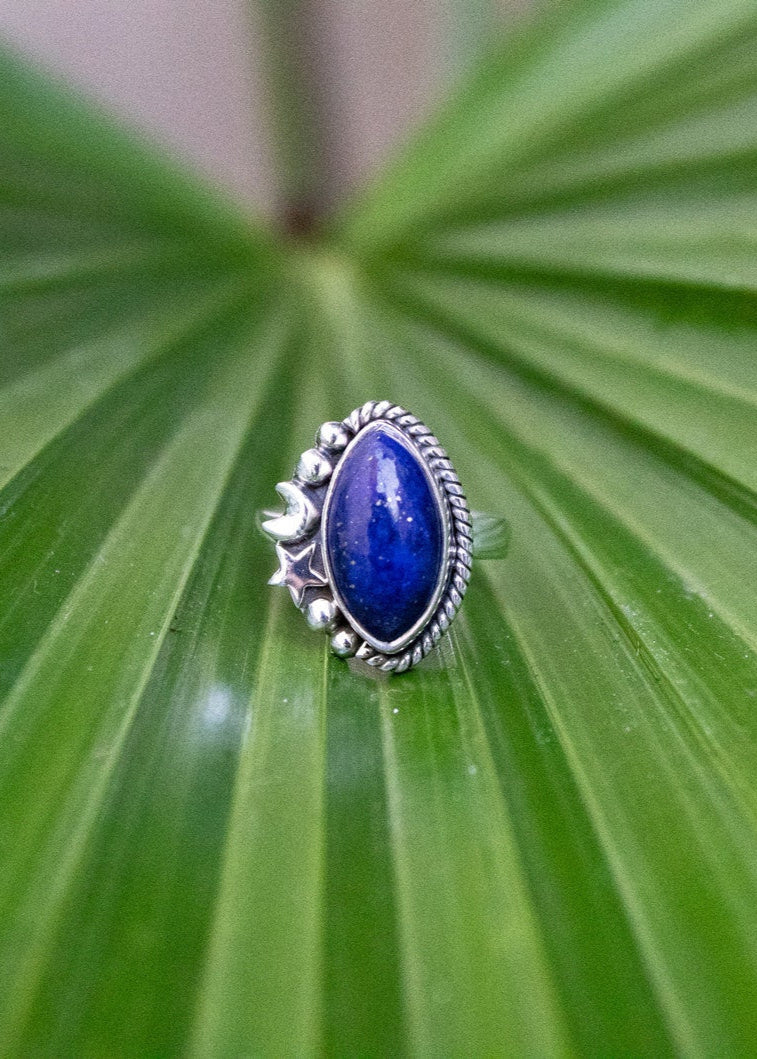 Bague Lapis Lazuli, bague demi-lune en argent sterling, bague céleste, SKU 6115