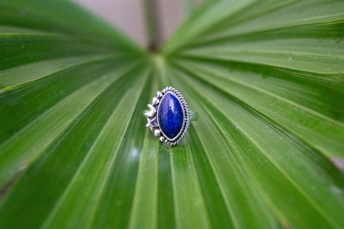 Lapis Lazuli Ring, Sterling Silver Half Moon Ring, Celestial Ring, SKU 6115