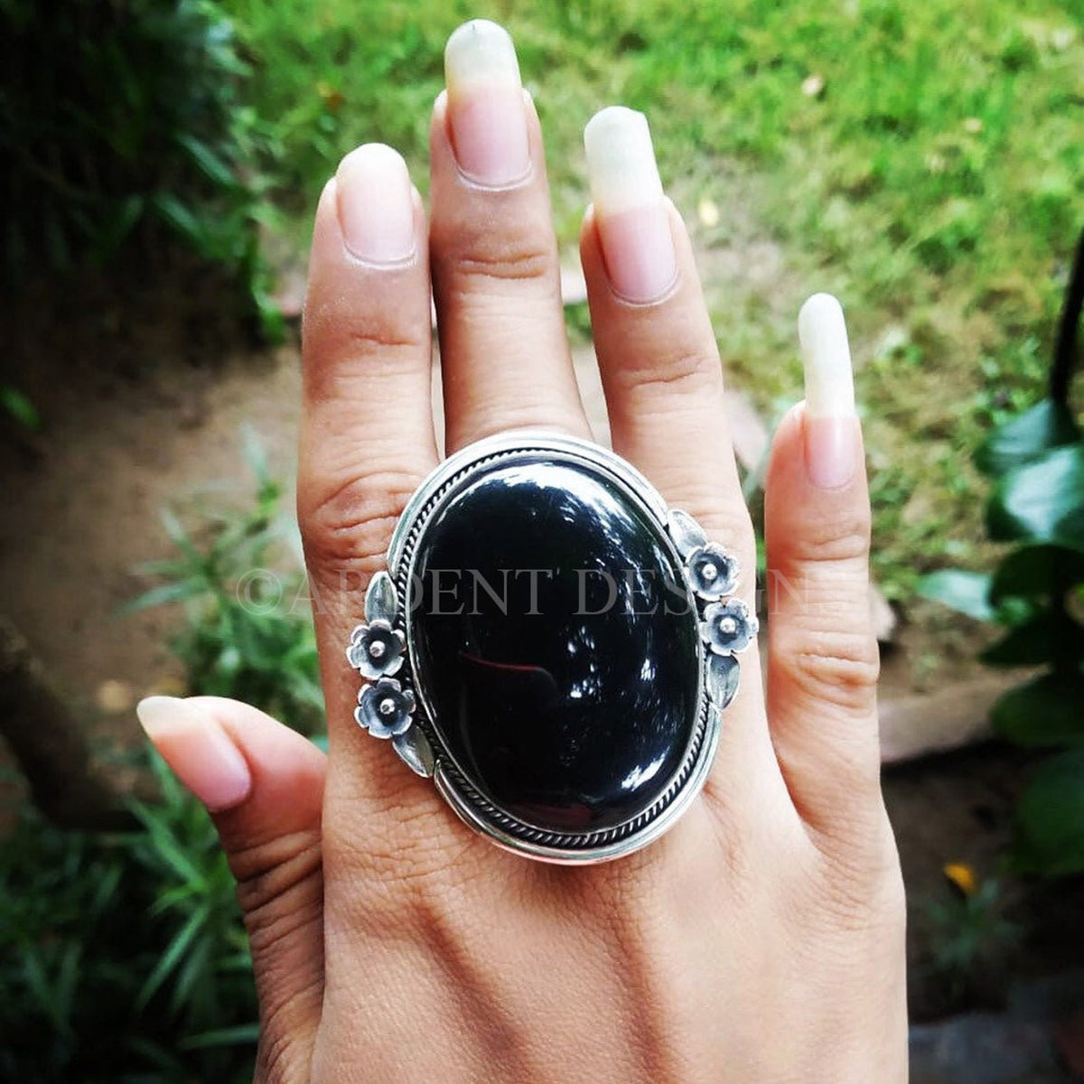 Anillo de plata de ley con piedras preciosas de ónix negro, anillo de declaración, anillo de bruja, Boho, SKU 6214