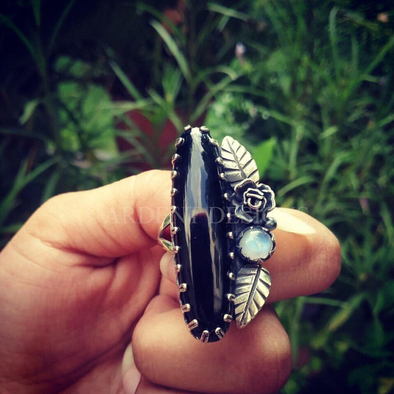 Anillo de ónix negro, anillo de plata esterlina, anillo de piedra lunar, anillo de bruja, anillo floral, SKU 6245