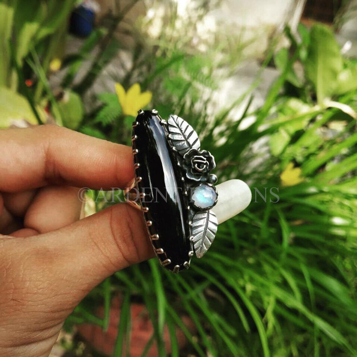 Black Onyx Ring, Sterling Silver Ring, Moonstone Ring, Witchy Ring, Floral Ring, SKU 6245
