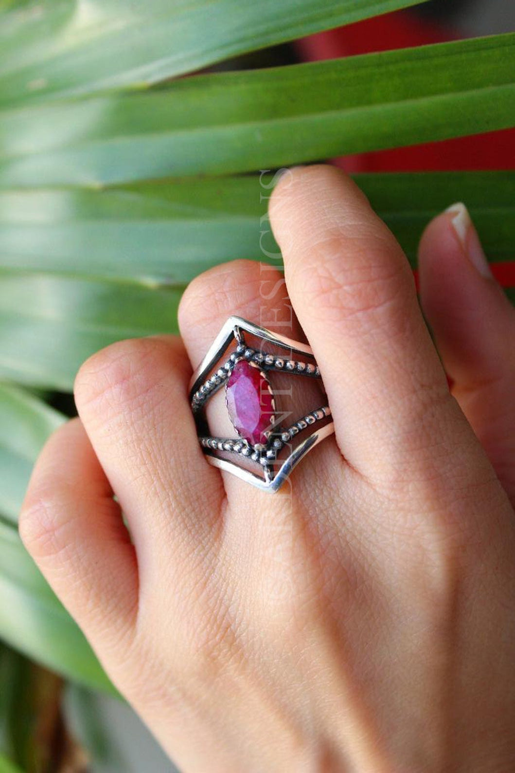 Ruby Ring Sterling Silver, Marquise Shape Red Stone Ring, SKU 6251