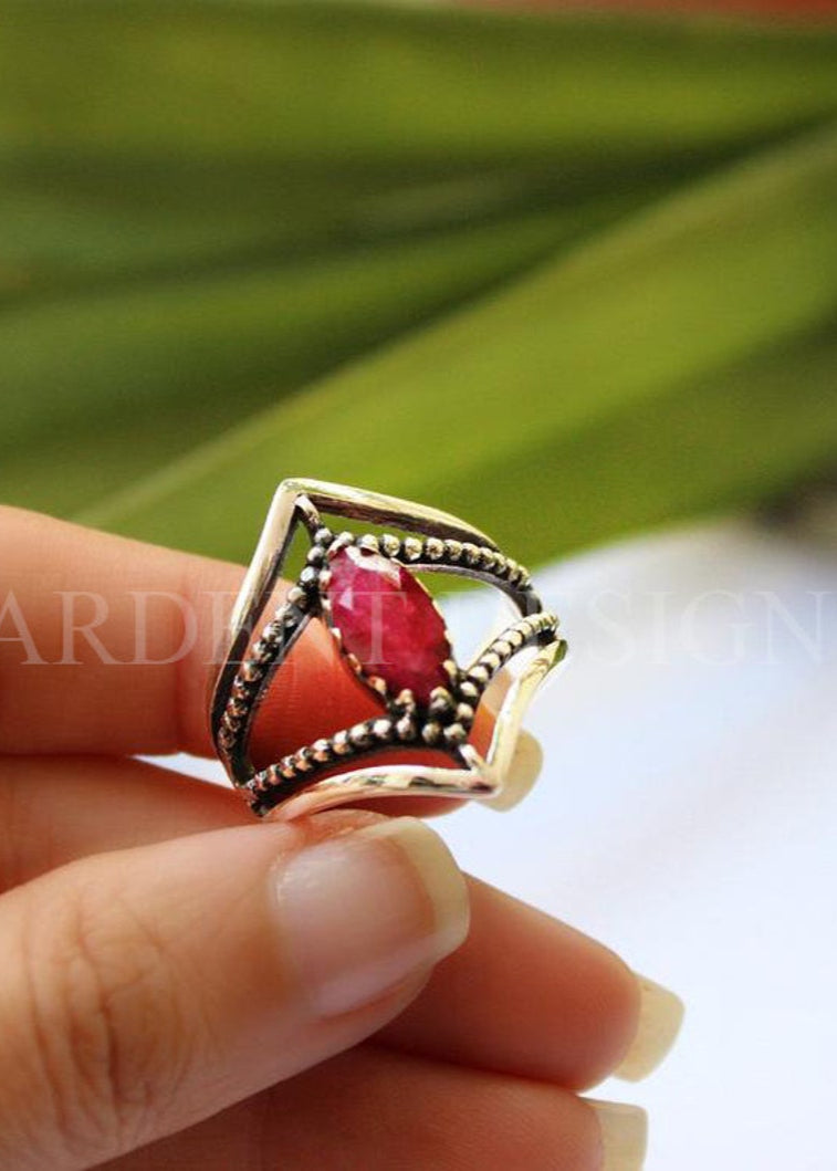 Ruby Ring Sterling Silver, Marquise Shape Red Stone Ring, SKU 6251
