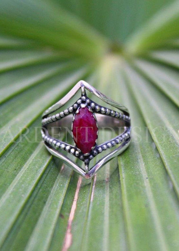 Ruby Ring Sterling Silver, Marquise Shape Red Stone Ring, SKU 6251
