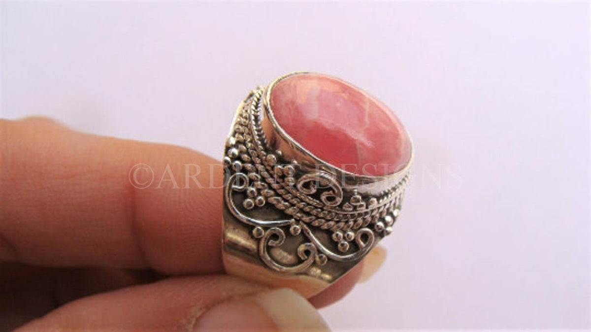 Anneau de rhodochrosite, anneau de pierre rose pâle naturel, SKU 6200