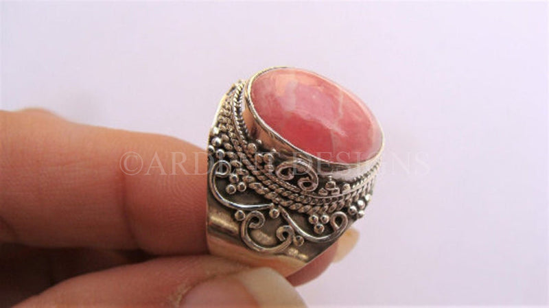 Anillo de rodocrosita, anillo de piedra rosa pálido natural, SKU 6200
