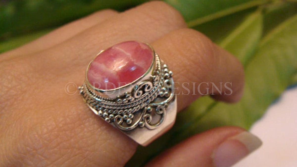 Anneau de rhodochrosite, anneau de pierre rose pâle naturel, SKU 6200