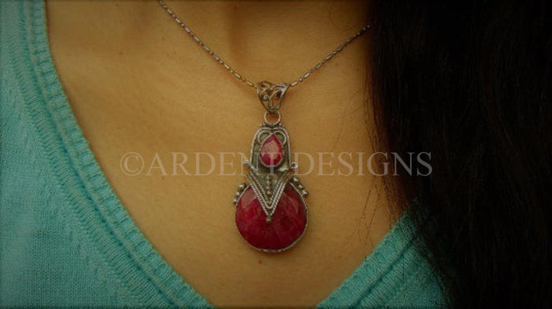 Ruby Pendant Sterling Silver, Red Stone Pendant Handmade Artisan, SKU 6148