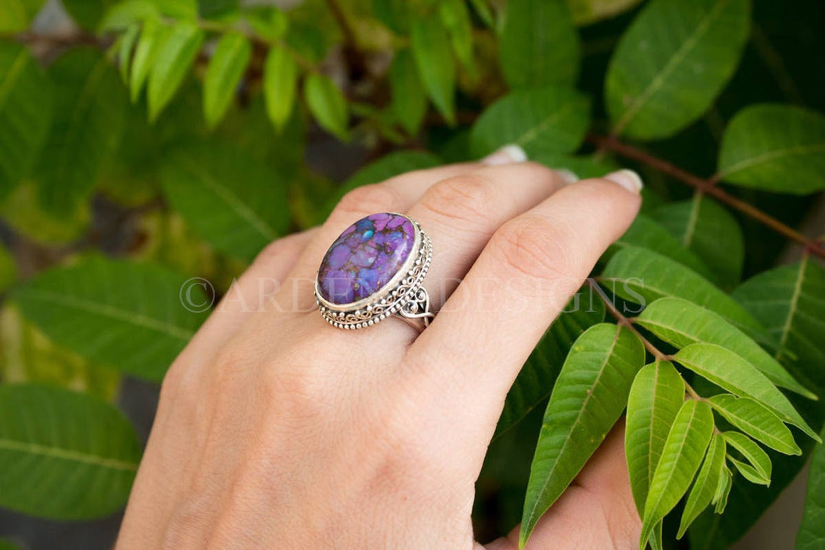 Purple Copper Turquoise Ring, Mohave Turquoise Sterling Silver Ring, Boho, Gift for her SKU 6289