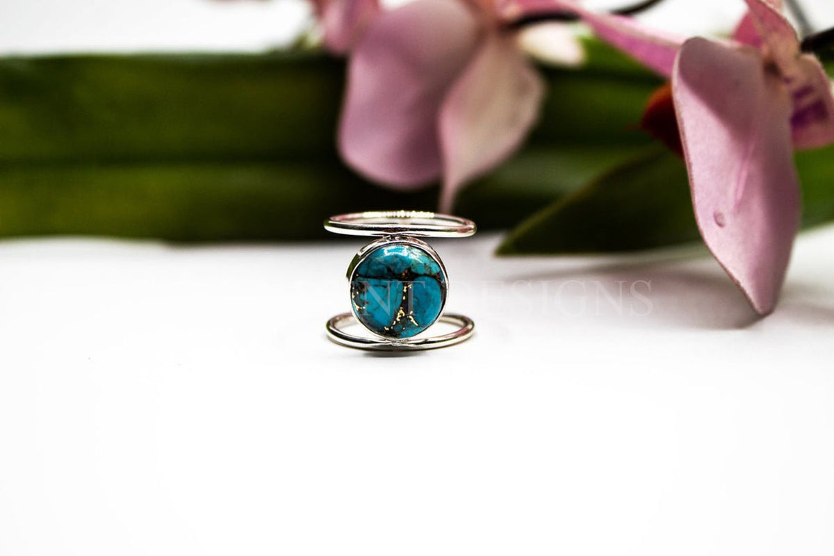 Genuine Copper Turquoise Ring, Sterling Silver Ring, Stacking Dual Band, SKU 6190