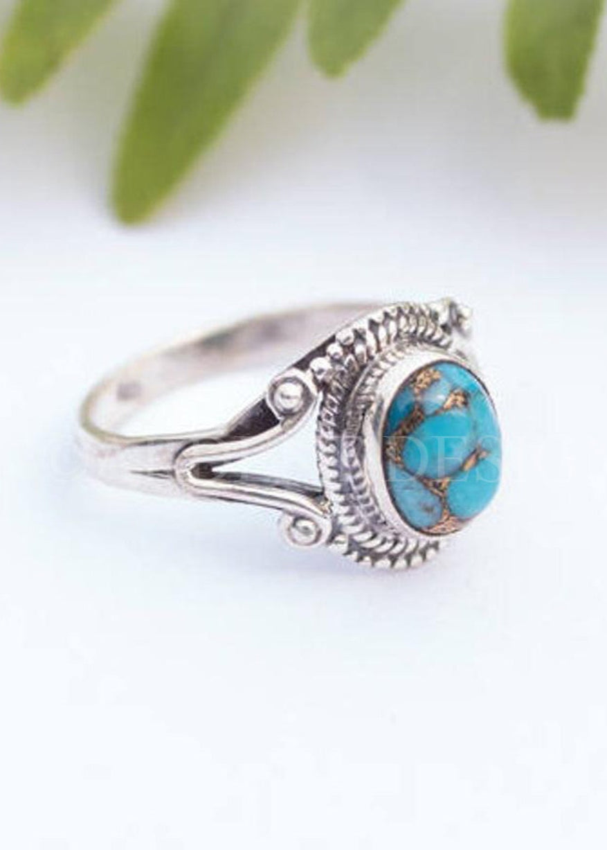 Anillo de Plata Esterlina Azul Cobre Turquesa, Boho, SKU 6182