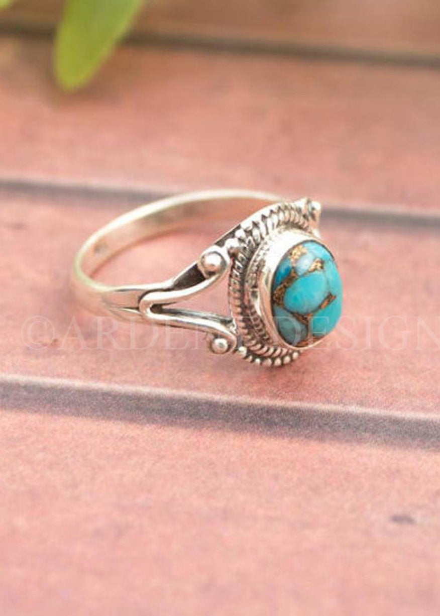 Anillo de Plata Esterlina Azul Cobre Turquesa, Boho, SKU 6182